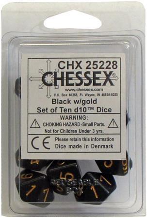 Chessex: Opaque Black w/ Gold - d10 Dice Set (10) - CHX25228