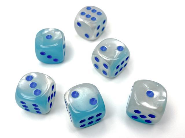 Chessex: Gemini Pearl Turquoise-White w/ Blue Luminary - 16mm d6 Dice Set (12) - CHX26665 