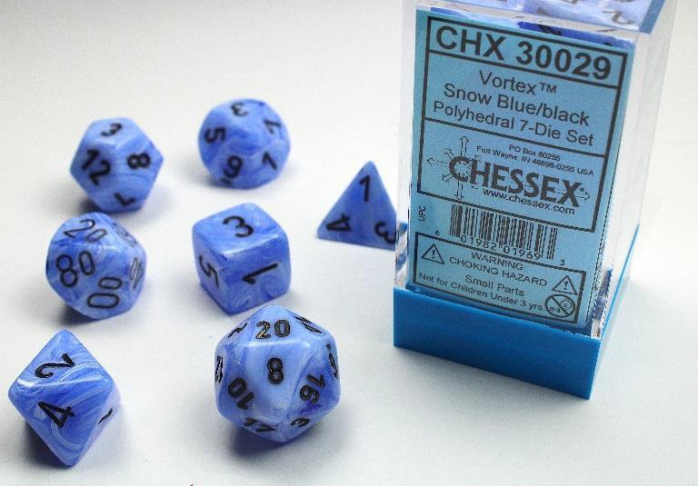Chessex: Snow Blue w/ Black Vortex - Polyhedral Dice Set (7) - CHX30029