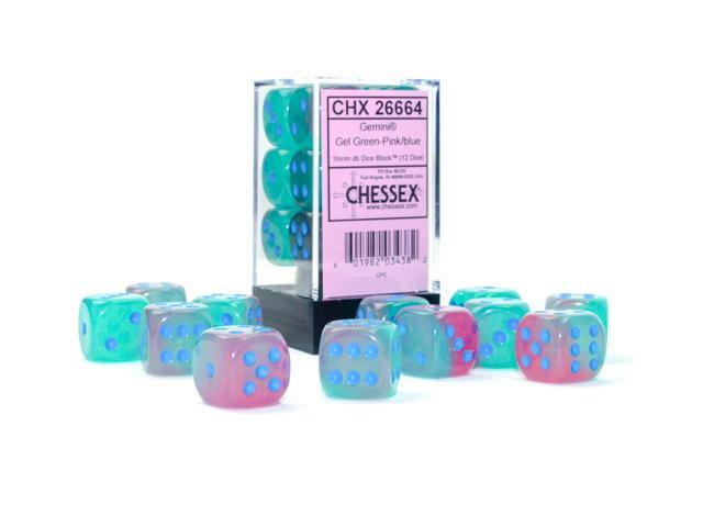 Chessex: Gemini Gel Green-Pink w/ Blue Luminary - 16mm d6 Dice Set (12) - CHX26664 