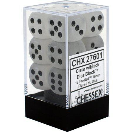 Chessex: Frosted Clear w/ Black - 16mm d6 Dice Set (6) - CHX27601