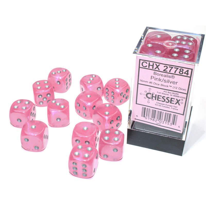 Chessex: Borealis Pink w/ Silver - 16mm d6 Dice Set (12) - CHX27784