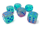 Chessex: Gemini Gel Green-Pink w/ Blue Luminary - 16mm d6 Dice Set (12) - CHX26664 