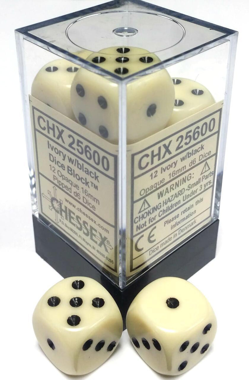 Chessex: Ivory w/ Black - 16mm d6 Dice Set (12) - CHX25600