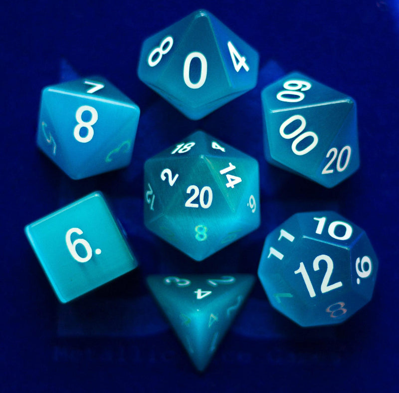 Metallic Dice Games: Aquamarine Cat's Eye Gemstone - Polyhedral Dice Set (7)