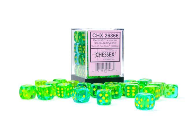 Chessex: Gemini Green and Teal w/ Yellow - 12mm d6 Dice Set (36) - CHX26866 