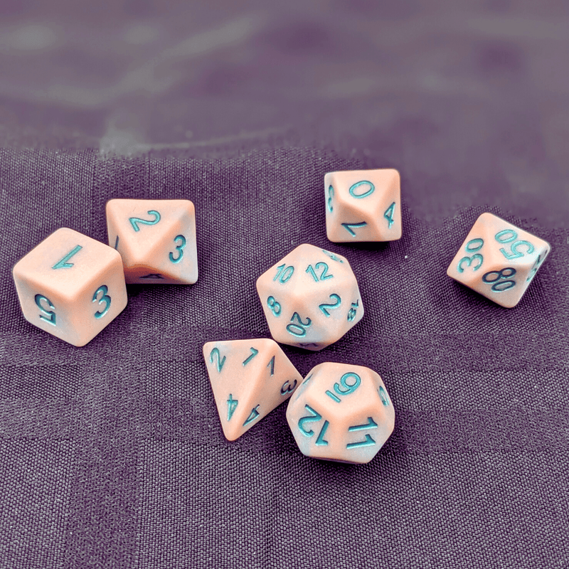 "Feywild Gummies" - Peach with Blue - Polyhedral Dice (7) - Level One Dice 