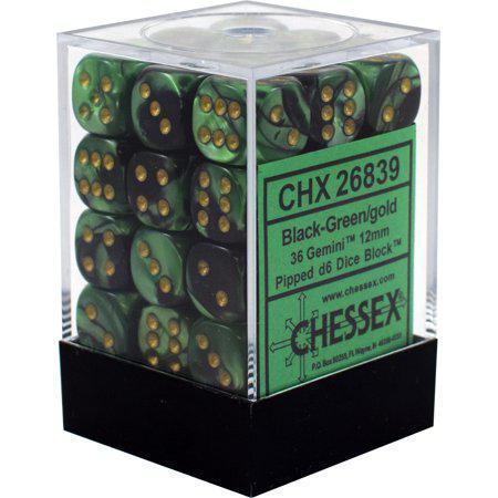 Chessex: Gemini Black Green w/ Gold - 12mm d6 Dice Set (36) - CHX26839