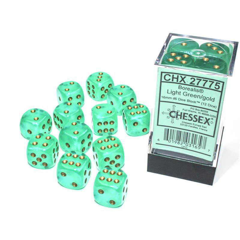 Chessex: Borealis Luminary Light Green w/ Gold - 16mm d6 Dice Set (12) - CHX27775