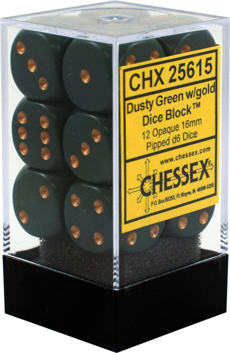 Chessex: Opaque Dusty Green w/ Copper - 16mm d6 Dice Set (12) - CHX25615