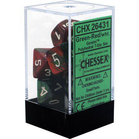 Chessex: Gemini Green and Red w/ White - Polyhedral Dice Set (7) - CHX26431