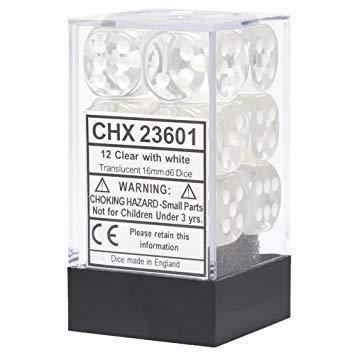 Chessex: Clear w/ White - 16mm d6 Dice Set (12) - CHX23601