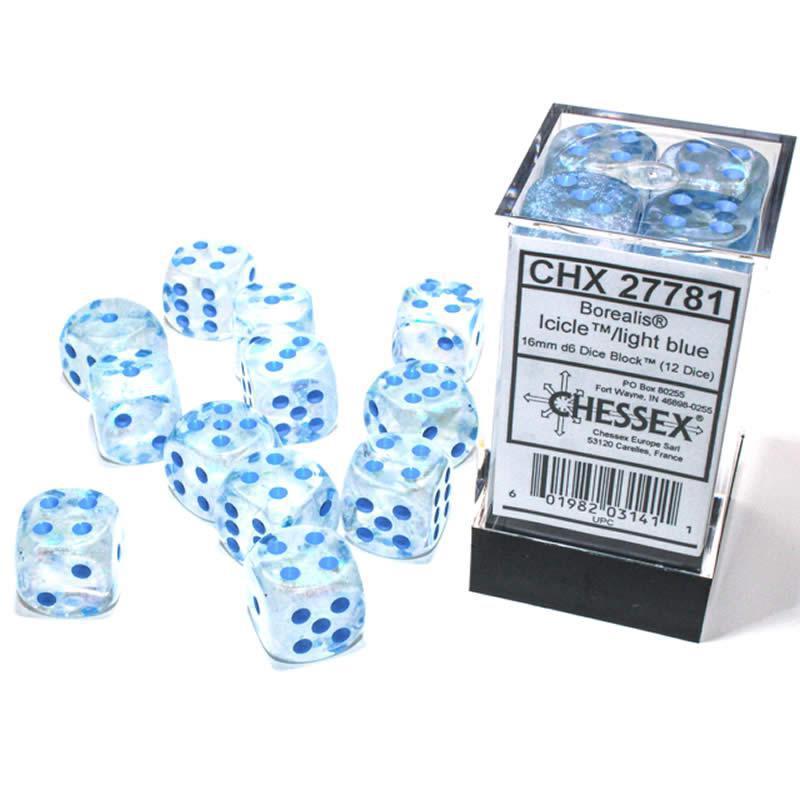 Chessex: Borealis Luminary Icicle w/ Light Blue - 16mm d6 Dice Set (12) - CHX27781