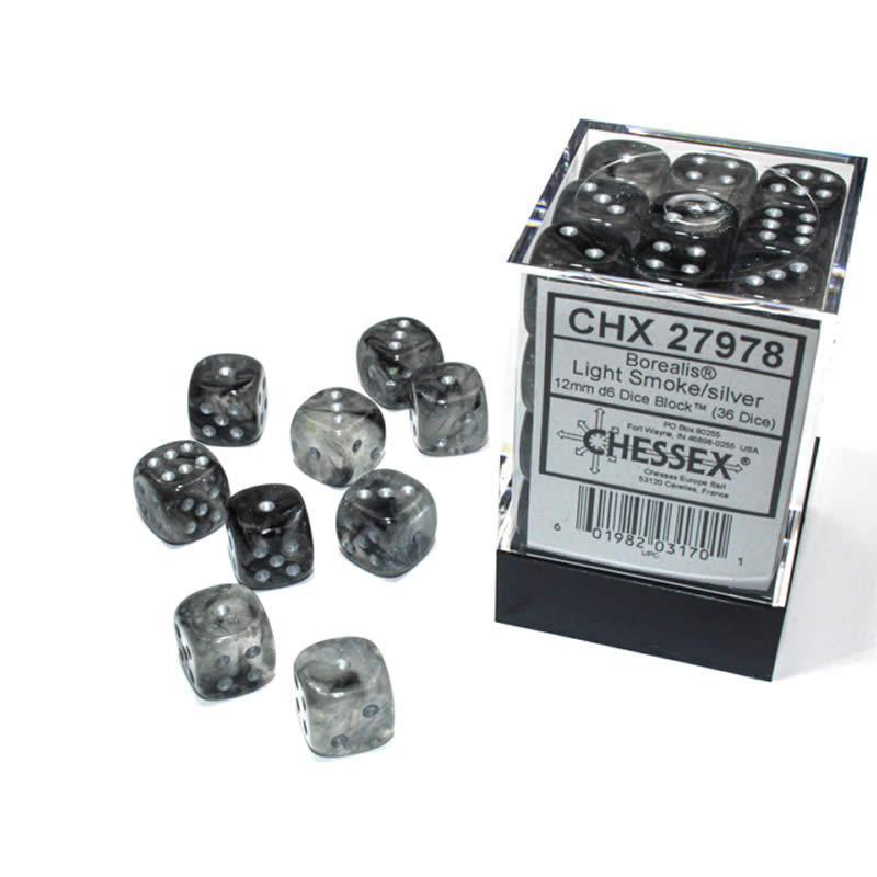 Chessex: Borealis Luminary Light Smoke w/ Silver - 12mm d6 Dice Set (36) - CHX27978