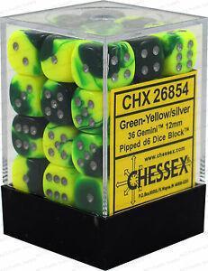 Chessex: Gemini Green and Yellow w/ Silver - 12mm d6 Dice Set (36) - CHX26854