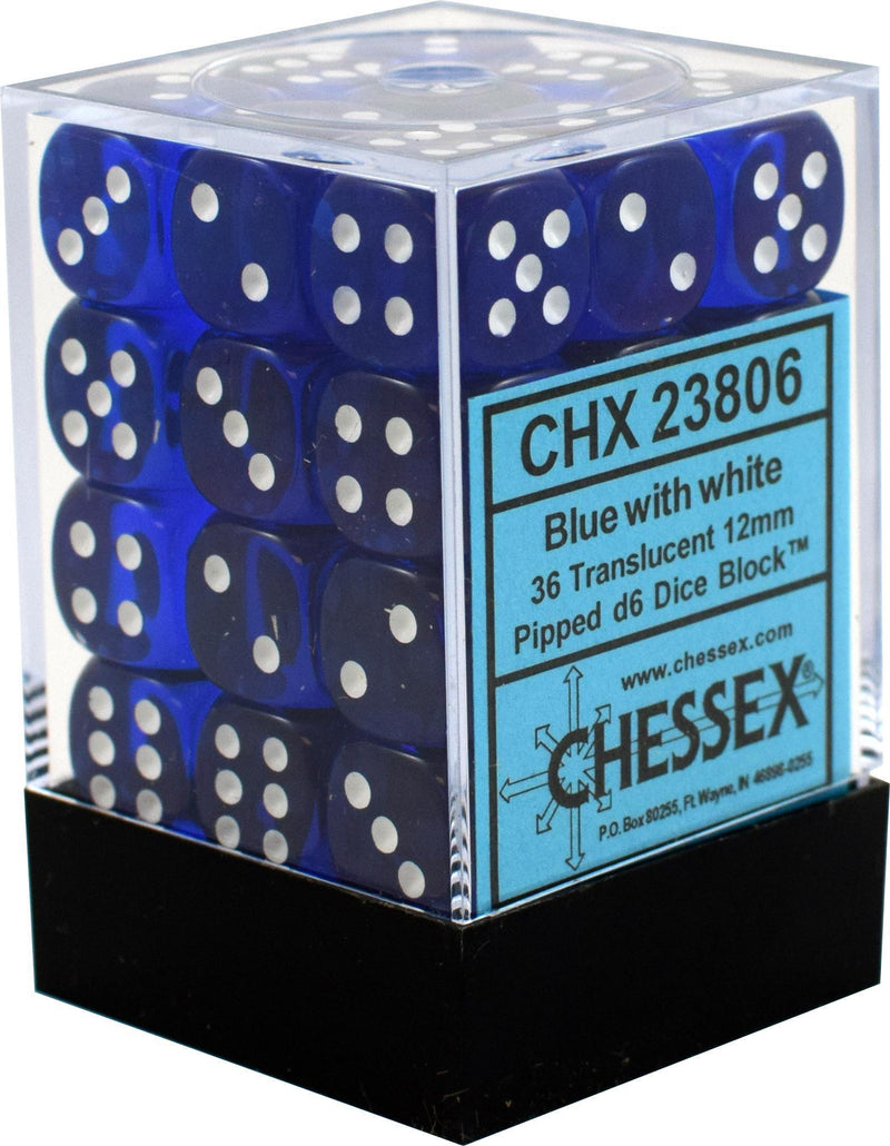 Chessex: Translucent Blue w/ White - 12mm d6 Dice Set (36) - CHX23806