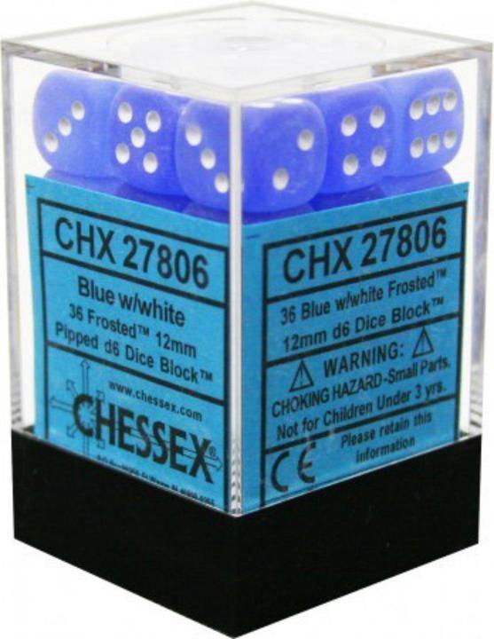 Chessex: Frosted Blue w/ White - 12mm d6 Dice Set (36) - CHX27806