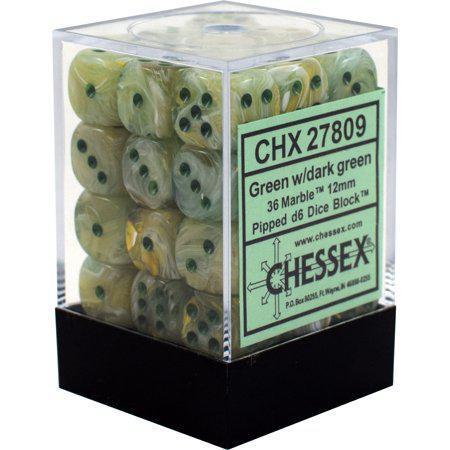 Chessex: Marble Green w/ Dark Green - 12mm d6 Dice Set (36) - CHX27809