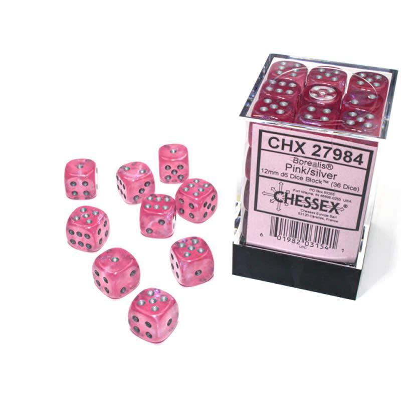 Chessex: Borealis Luminary Pink w/ Silver - 12mm d6 Dice Set (36) - CHX27984