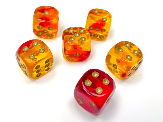 Chessex: Gemini Translucent Red-Yellow w/ Gold - 16mm d6 Dice Set (12) - CHX26668 